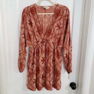 Savanna Jane Womens Mini Dress LG‎ Deep V-Neck Babydoll Boho Fall Ivory Rust